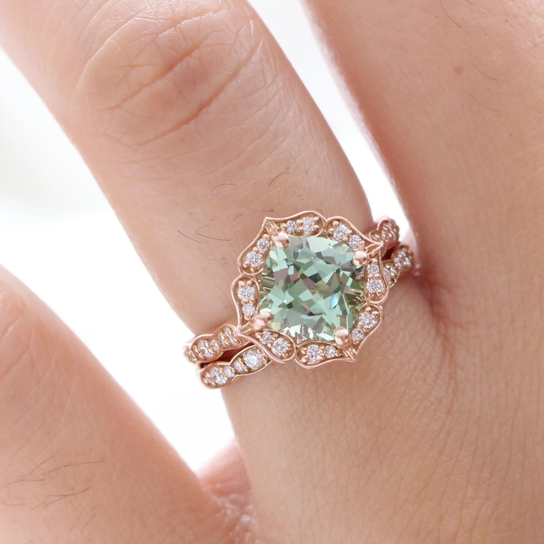 Large Vintage Floral Cushion Ring Set w/ Sea Foam Green Sapphire and Diamond