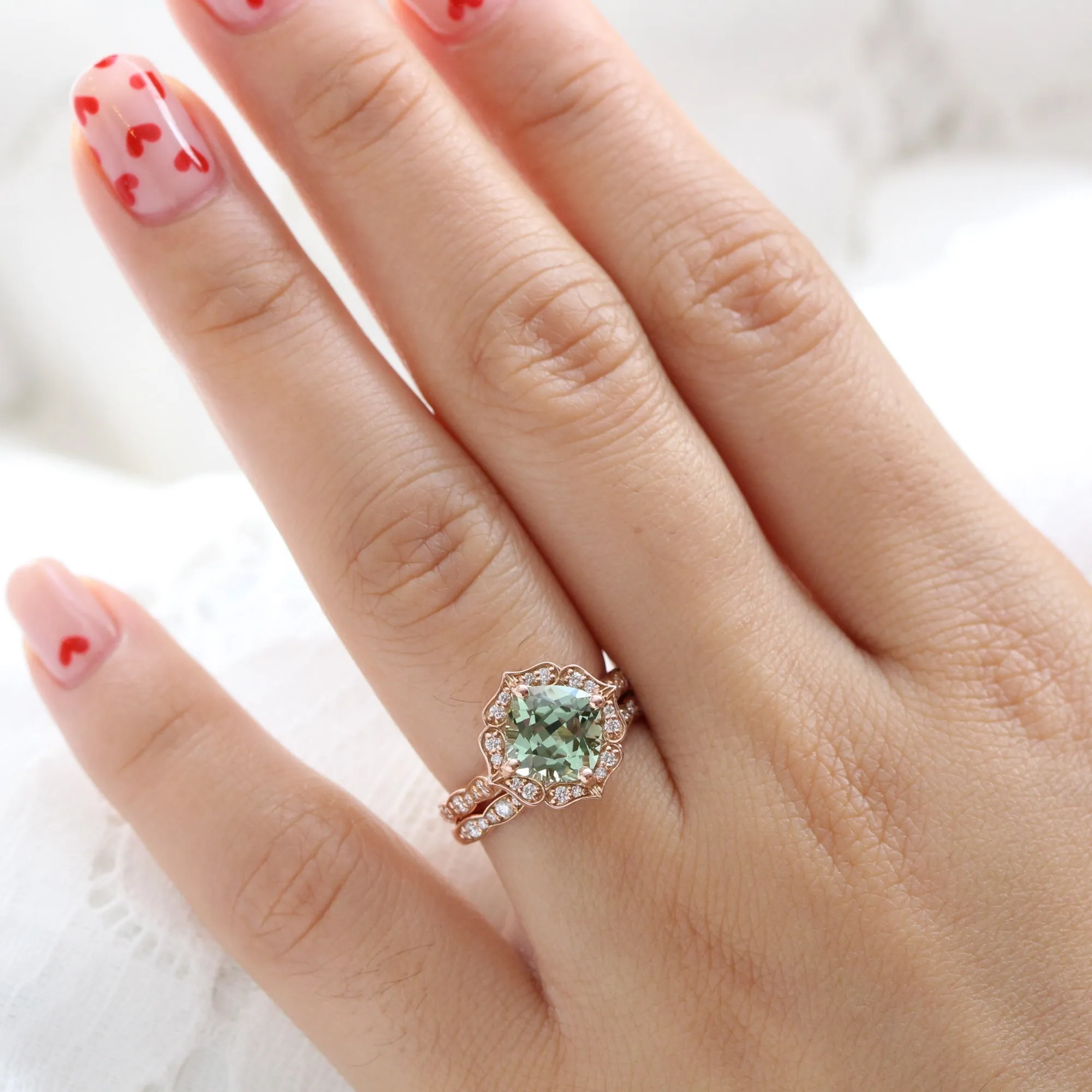 Large Vintage Floral Cushion Ring Set w/ Sea Foam Green Sapphire and Diamond
