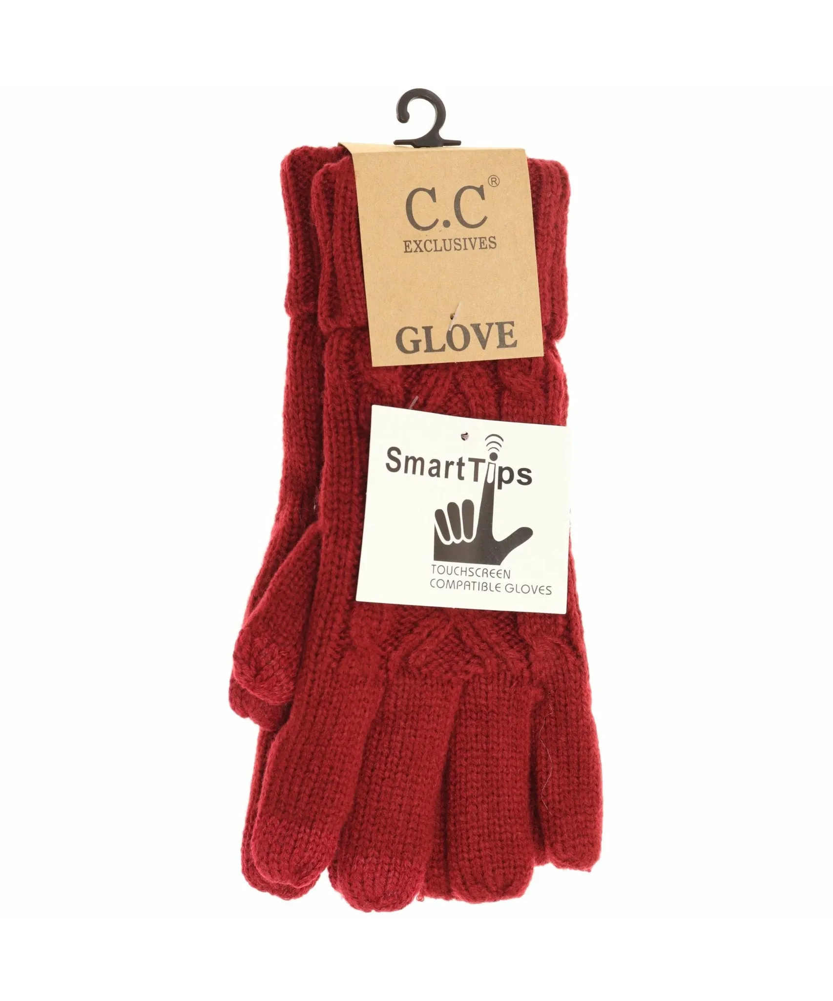 Lined Cable Knit Ribbed Gloves - Burgundy