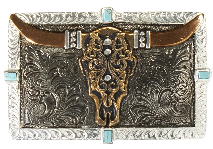 Longhorn Skull Rectangular Buckle with Turquoise