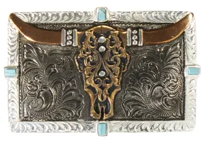 Longhorn Skull Rectangular Buckle with Turquoise