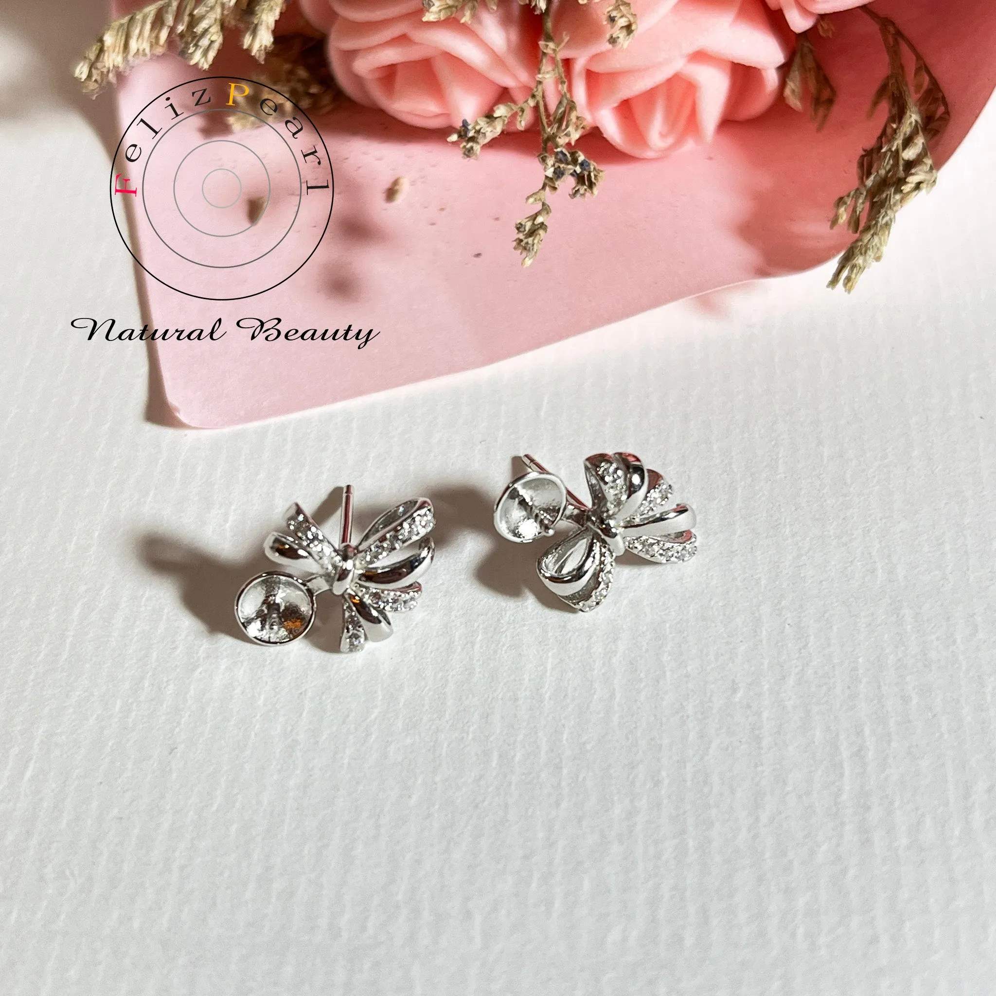 Luxury Cubic Zirconia Sterling Silver Bow Tie Pearl Earring Setting
