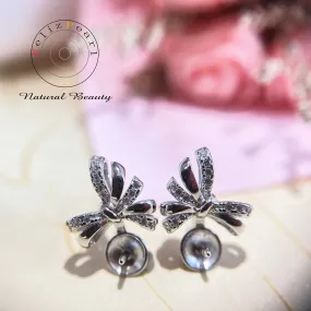 Luxury Cubic Zirconia Sterling Silver Bow Tie Pearl Earring Setting