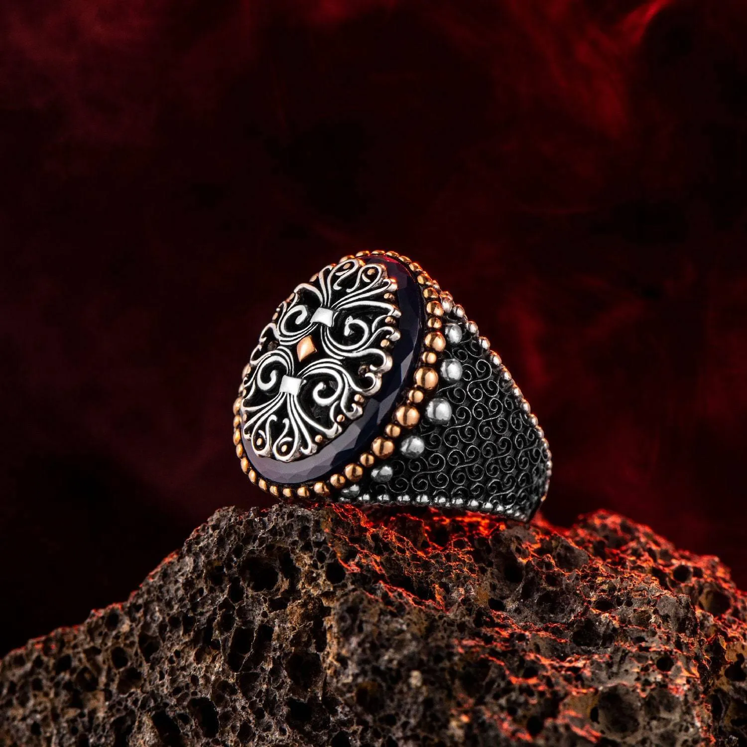 Men Black Zircon Ring, Statement Silver Band