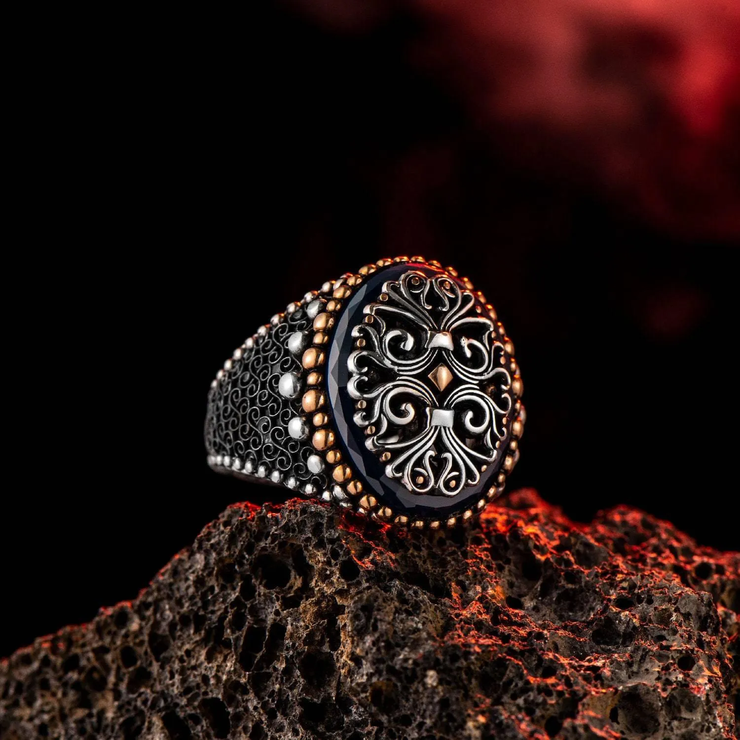 Men Black Zircon Ring, Statement Silver Band