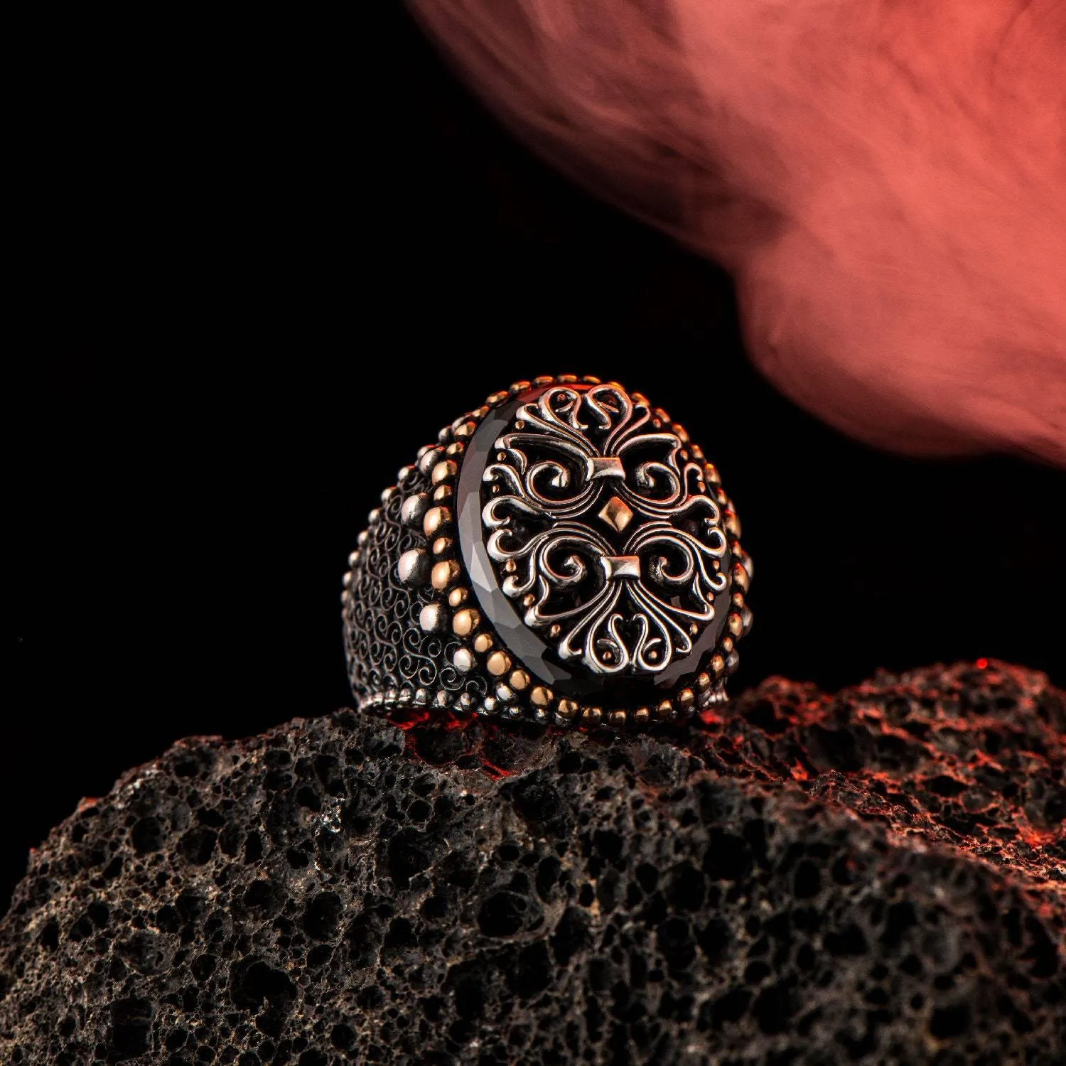 Men Black Zircon Ring, Statement Silver Band