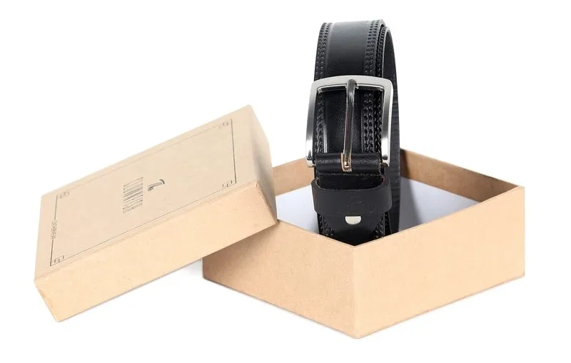 Men's Genuine Leather Belt - Textured Design, Durable Metal Buckle | Size: 32 inches | Coal Black