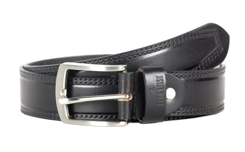 Men's Genuine Leather Belt - Textured Design, Durable Metal Buckle | Size: 32 inches | Coal Black