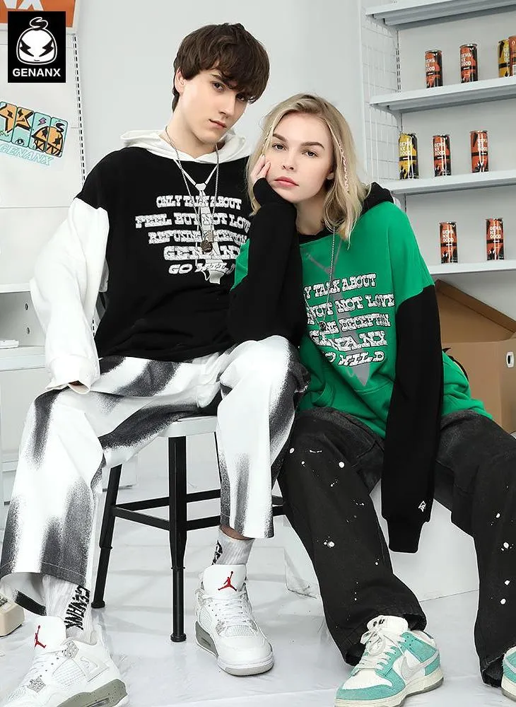 Minimalist Color Block Patchwork Letter Print Hoodies