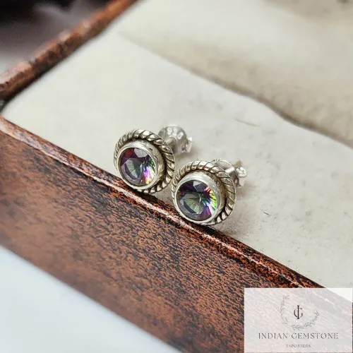 Mystic Topaz Stud Earring, Boho Earring, 925 Sterling Silver Earring, Handmade Stud, Gift For Her, Topaz Jewelry, Gift For Wife, Gift Idea