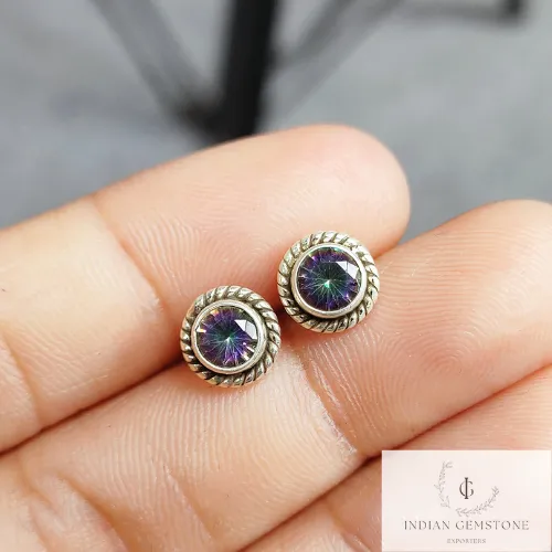 Mystic Topaz Stud Earring, Boho Earring, 925 Sterling Silver Earring, Handmade Stud, Gift For Her, Topaz Jewelry, Gift For Wife, Gift Idea