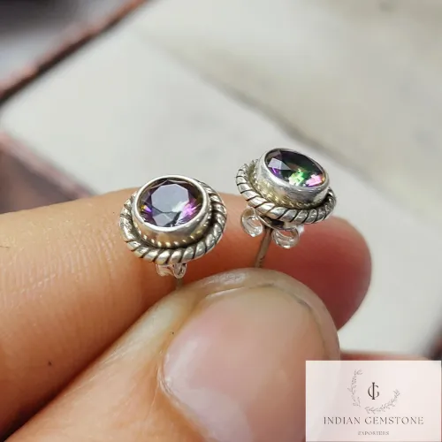 Mystic Topaz Stud Earring, Boho Earring, 925 Sterling Silver Earring, Handmade Stud, Gift For Her, Topaz Jewelry, Gift For Wife, Gift Idea