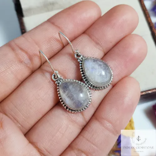 Natural Rainbow Moonstone Earring, Blue Fire Gemstone Fashion Earring, 925 Sterling Silver Dainty Earrings, Gift for Her, June Birthstone