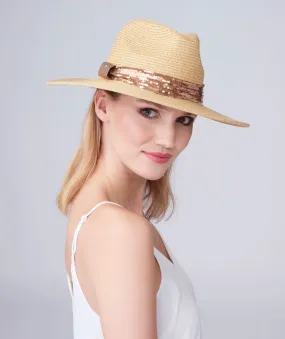 Natural Straw Fedora Hat with Sparkling Sequin Trim