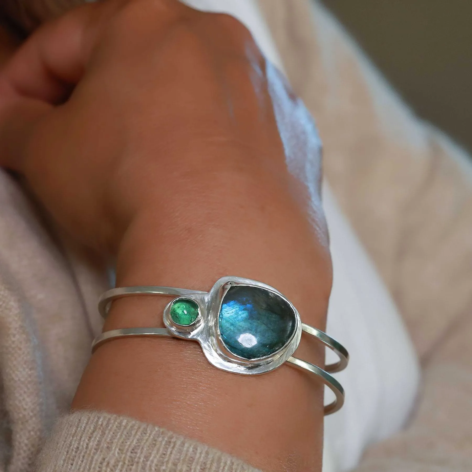 Northern Light - Labradorite & Tourmaline Silver Double Bangle Bracelet