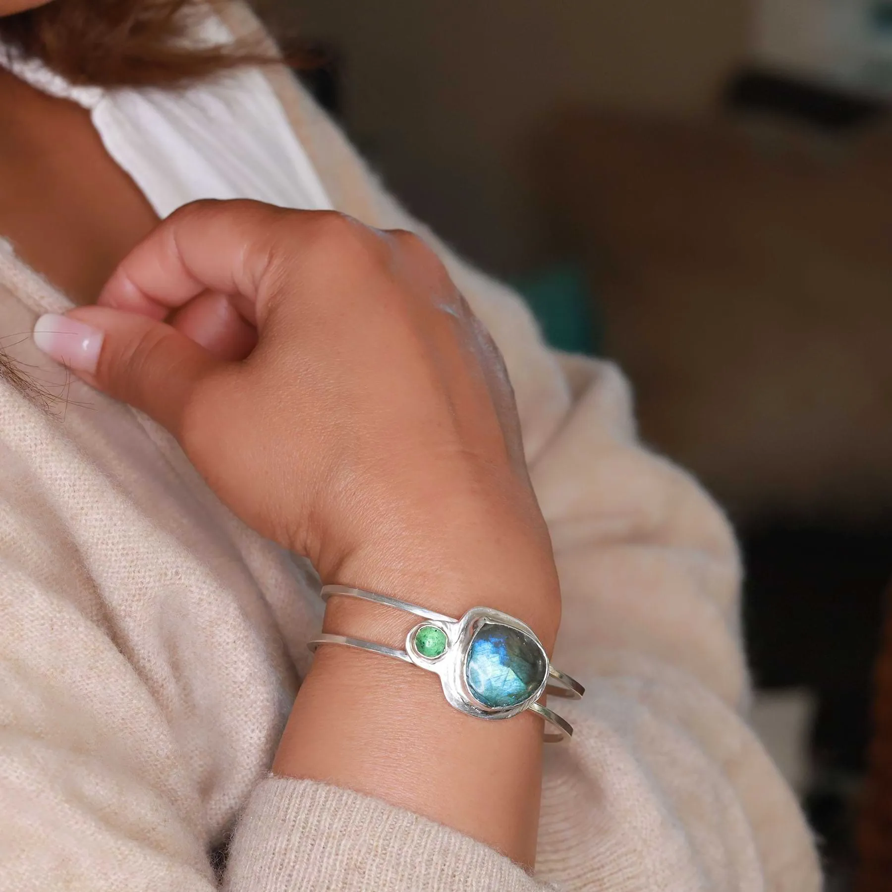 Northern Light - Labradorite & Tourmaline Silver Double Bangle Bracelet