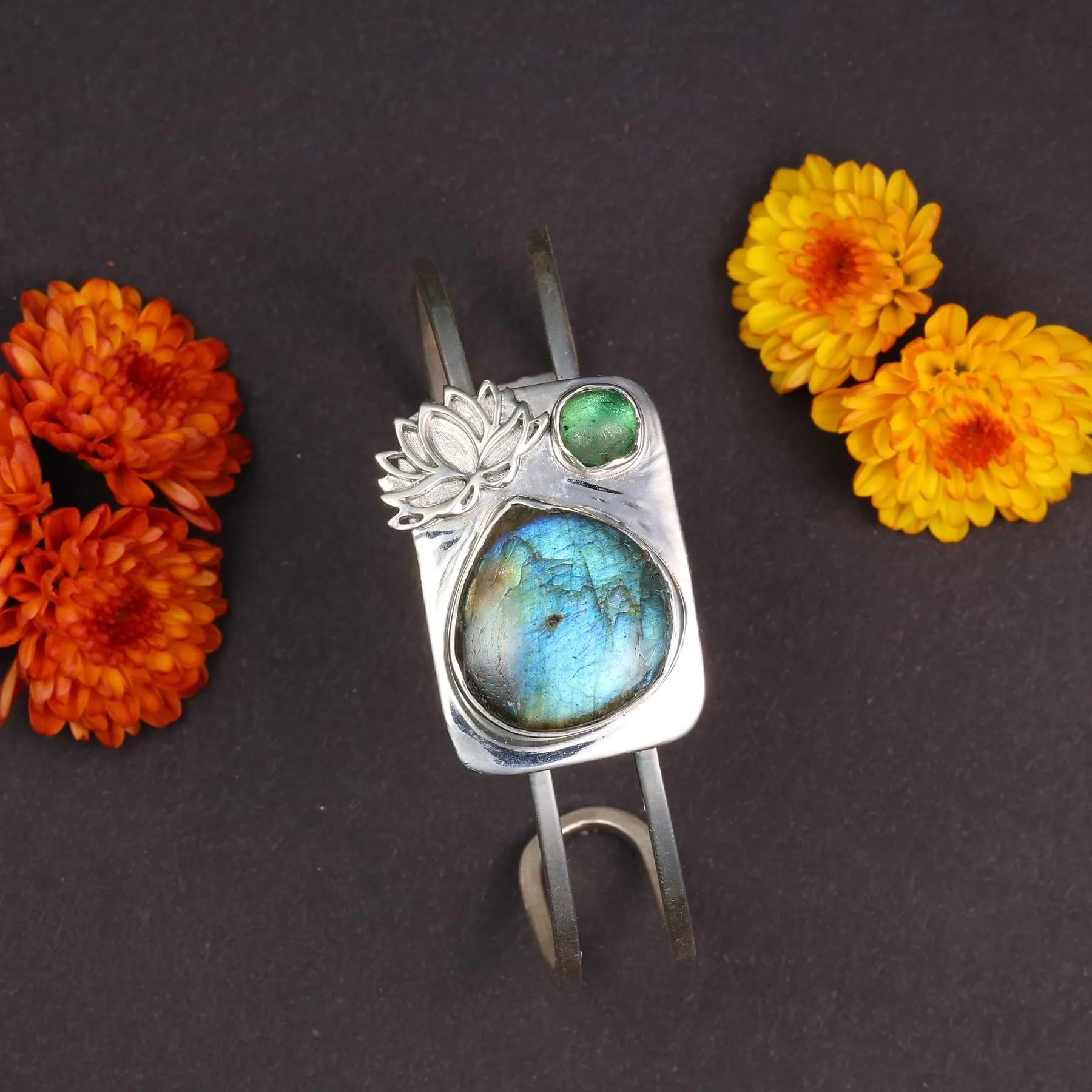 Northern Light - Labradorite & Tourmaline Silver Double Bangle Bracelet