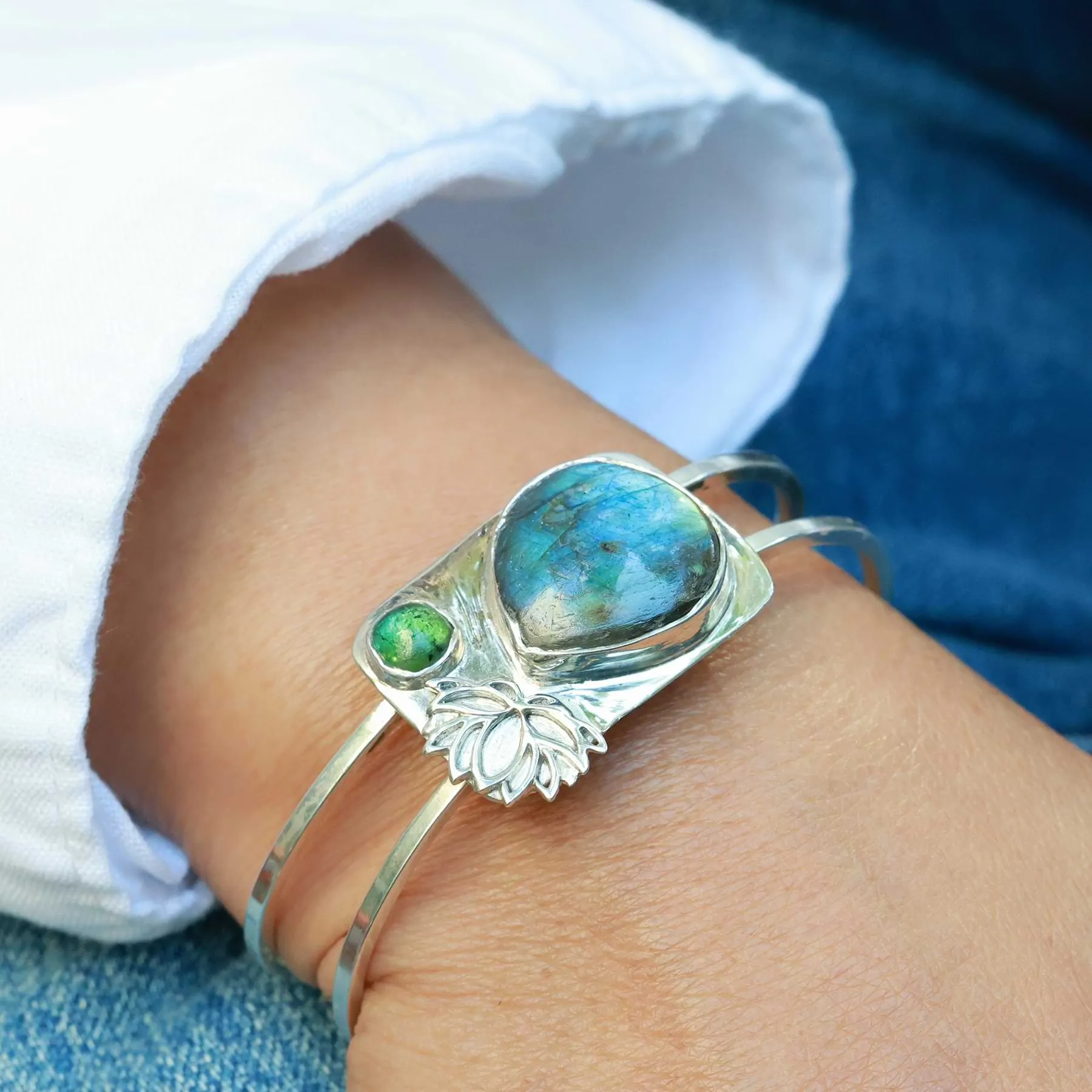 Northern Light - Labradorite & Tourmaline Silver Double Bangle Bracelet
