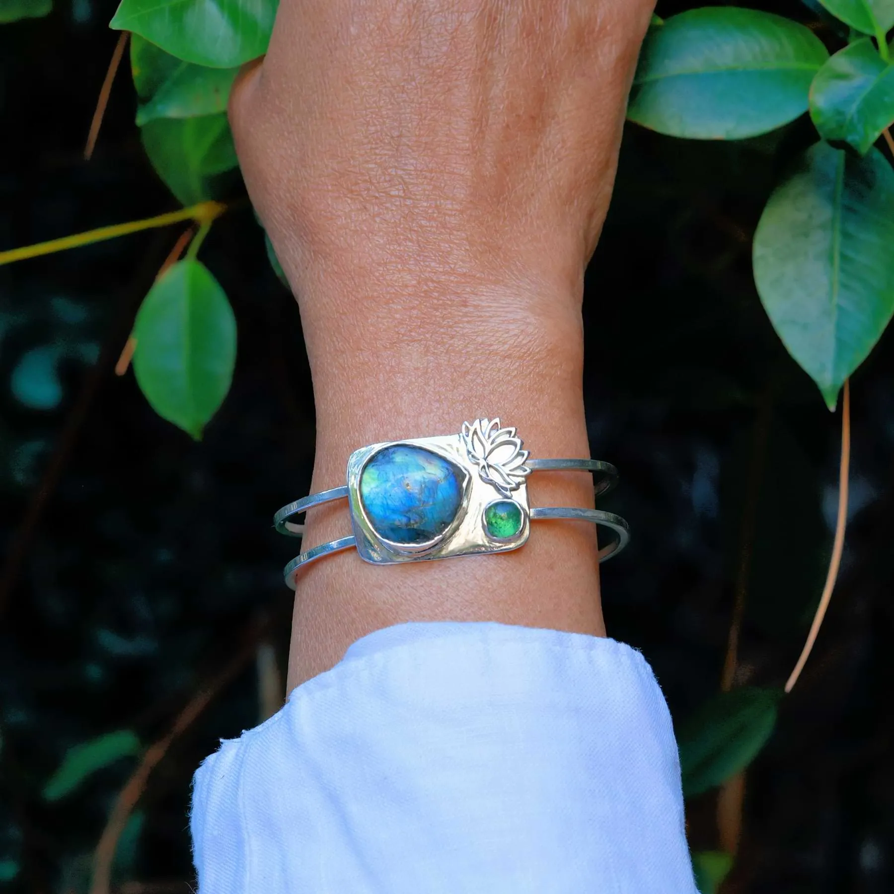 Northern Light - Labradorite & Tourmaline Silver Double Bangle Bracelet