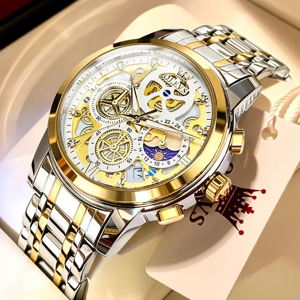 OLEVS Men's Luxury Waterproof Quartz Watch - Gold Skeleton Style