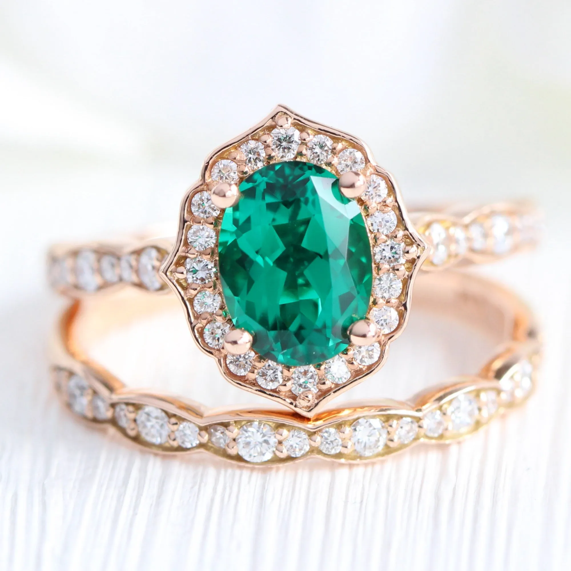 Oval Emerald Diamond Ring in Vintage Floral Scalloped Band