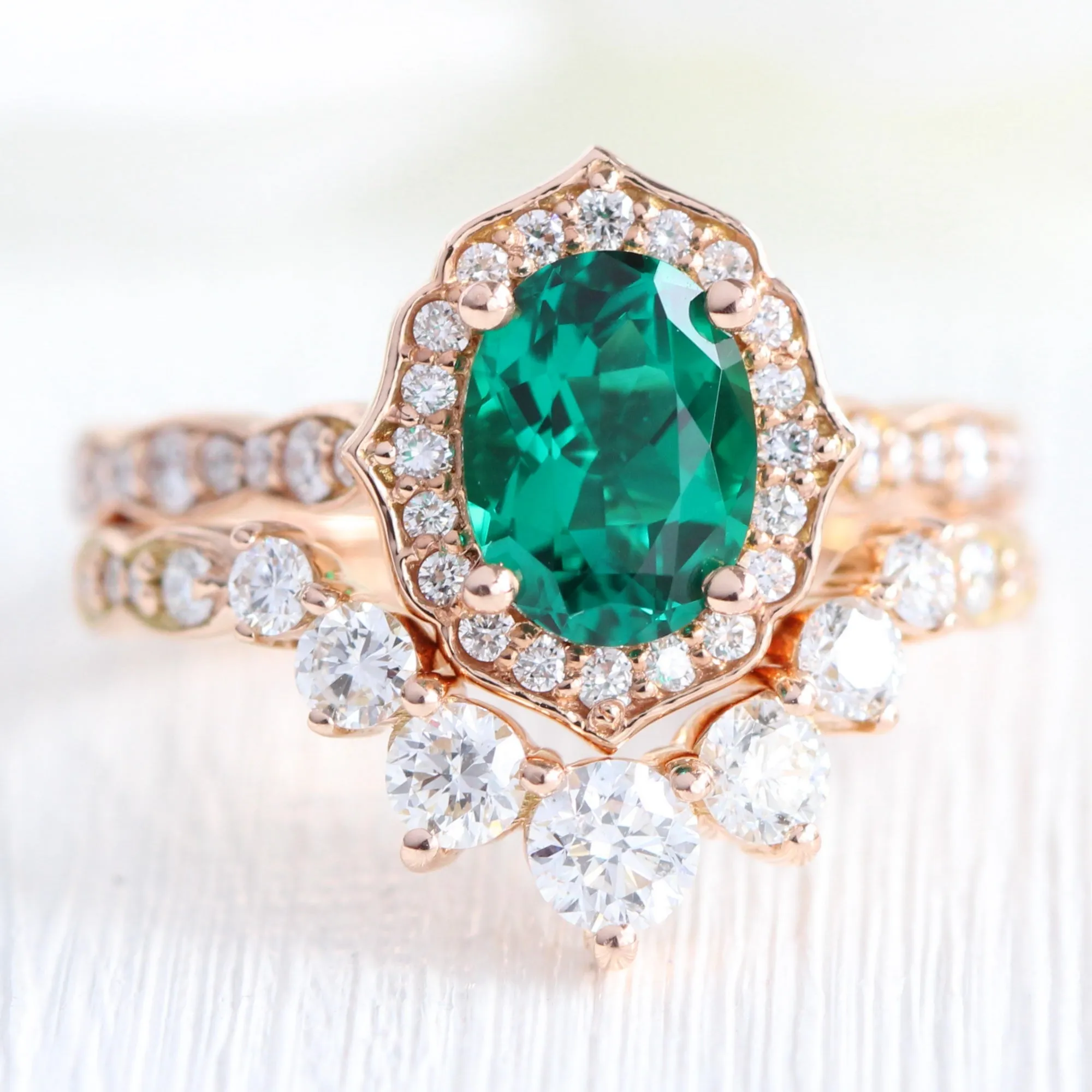 Oval Emerald Diamond Ring in Vintage Floral Scalloped Band