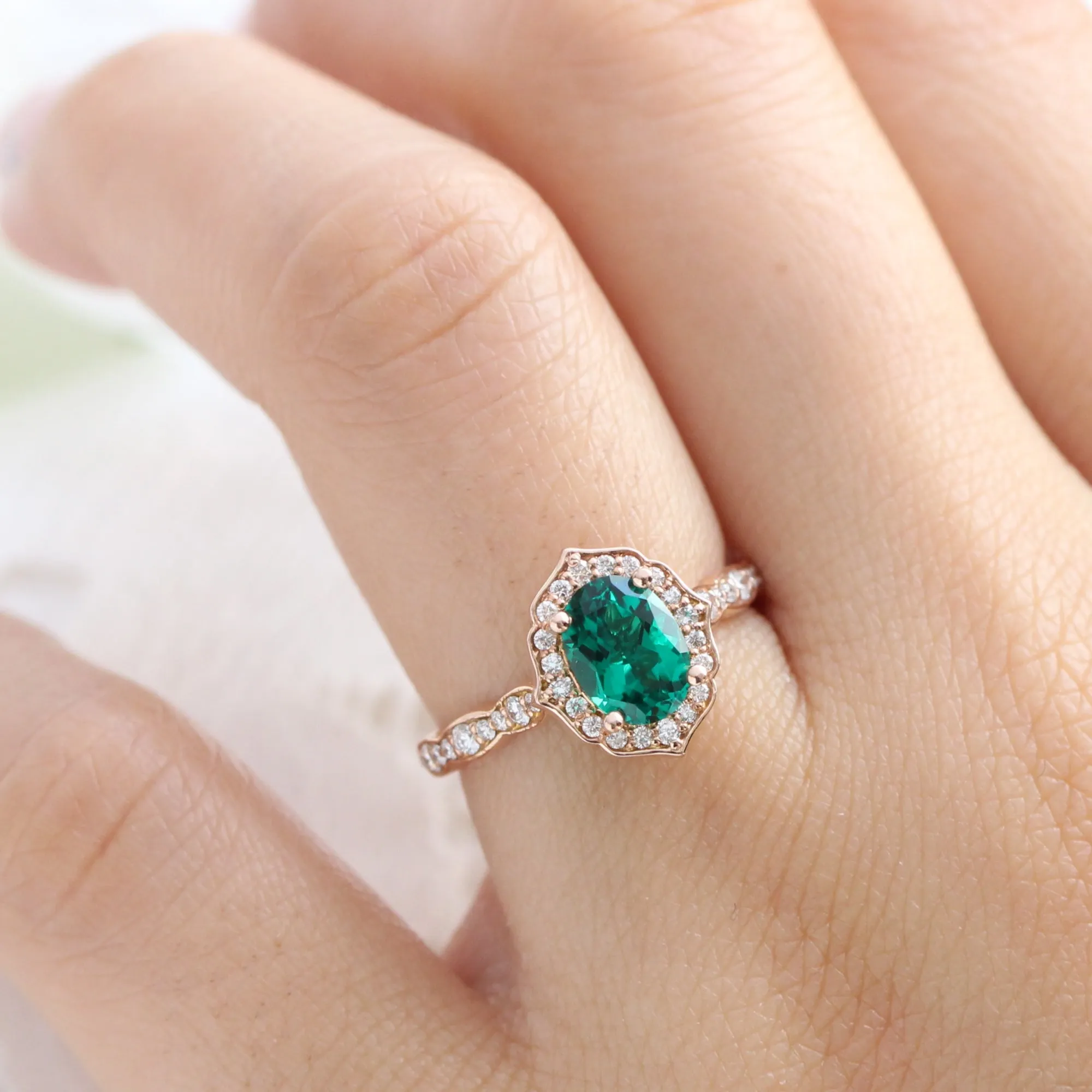 Oval Emerald Diamond Ring in Vintage Floral Scalloped Band