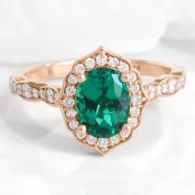 Oval Emerald Diamond Ring in Vintage Floral Scalloped Band