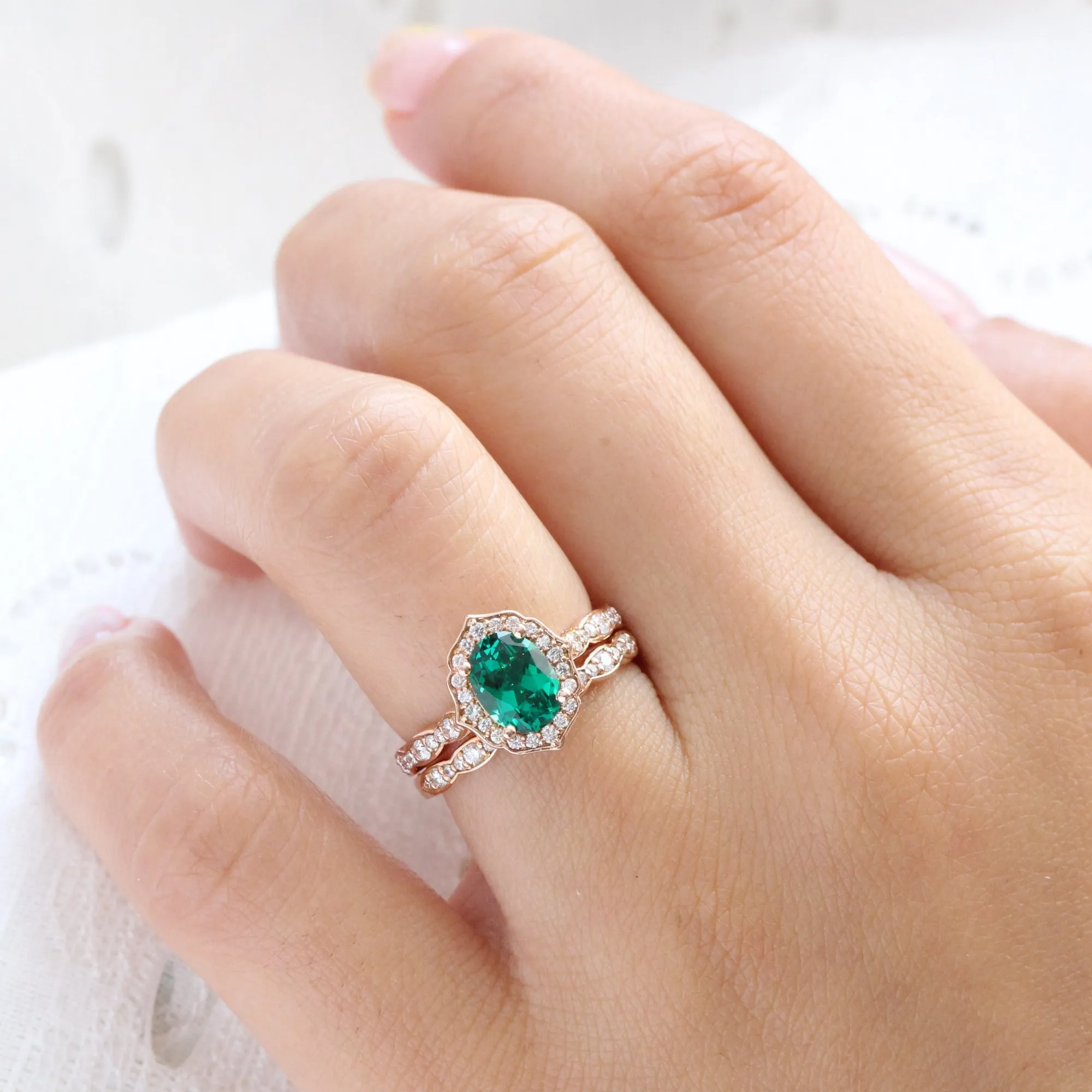 Oval Emerald Diamond Ring in Vintage Floral Scalloped Band