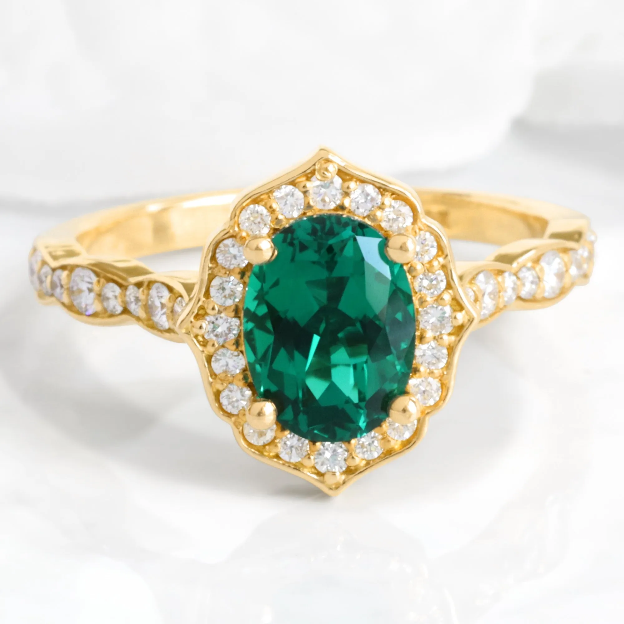 Oval Emerald Diamond Ring in Vintage Floral Scalloped Band