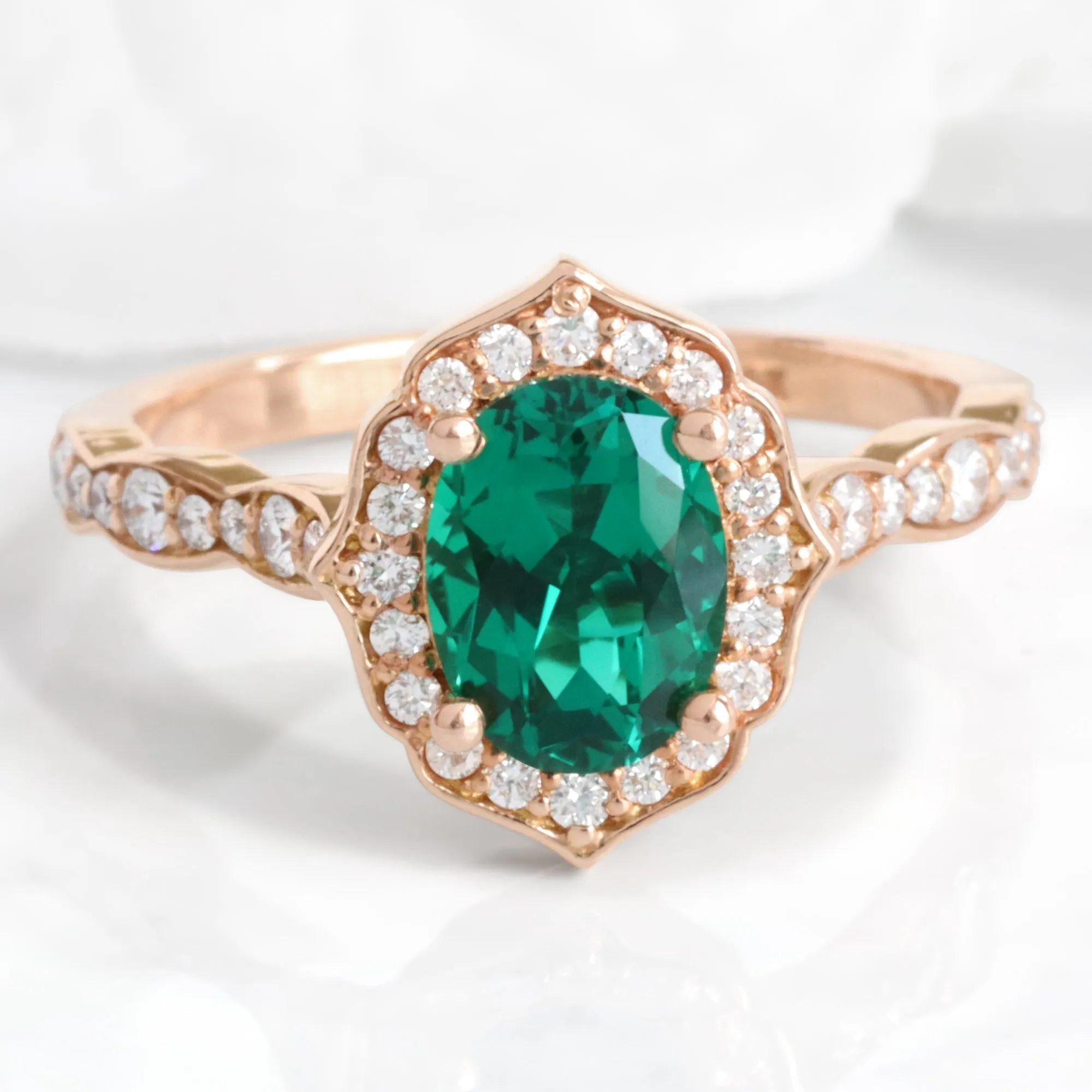 Oval Emerald Diamond Ring in Vintage Floral Scalloped Band