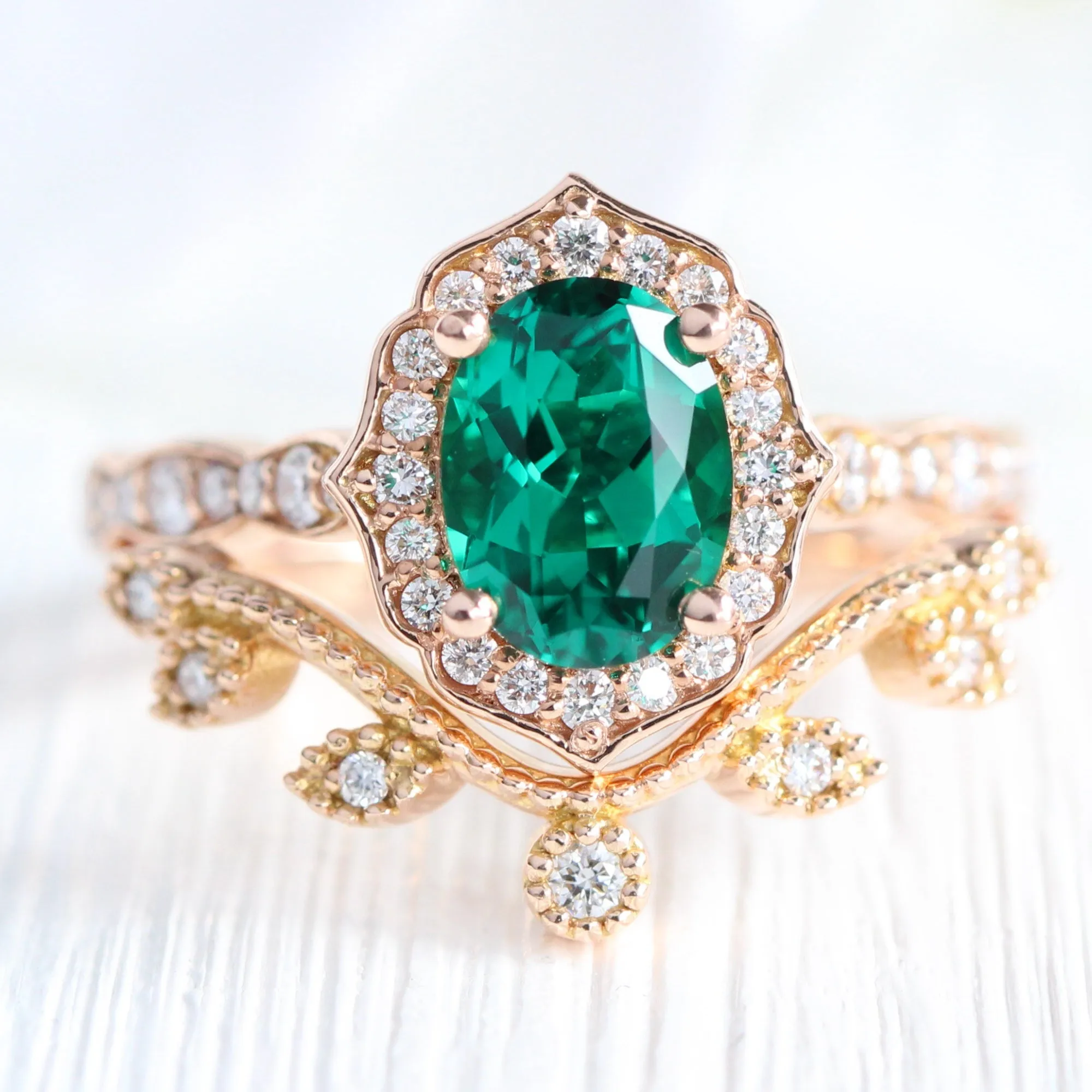 Oval Emerald Diamond Ring in Vintage Floral Scalloped Band