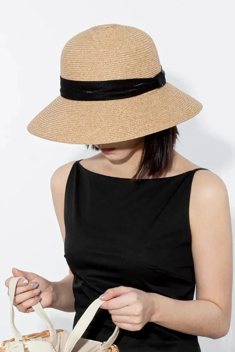 Packable Summer Cloche Hat with Velvet Ribbon