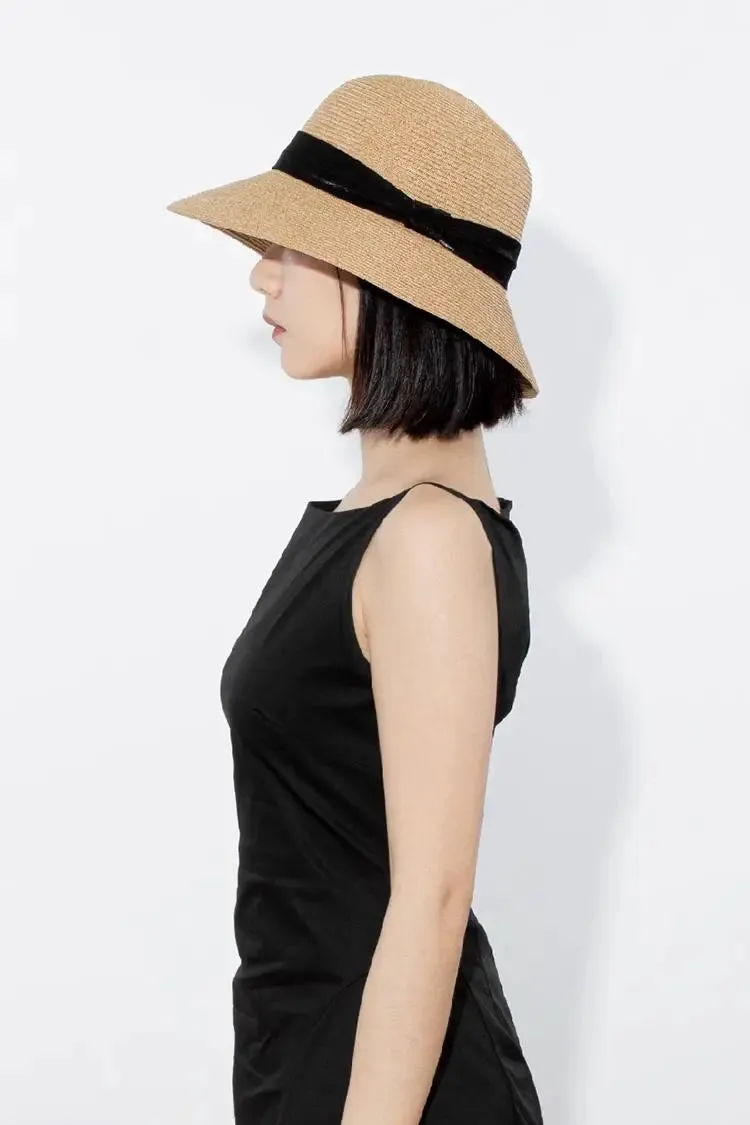 Packable Summer Cloche Hat with Velvet Ribbon