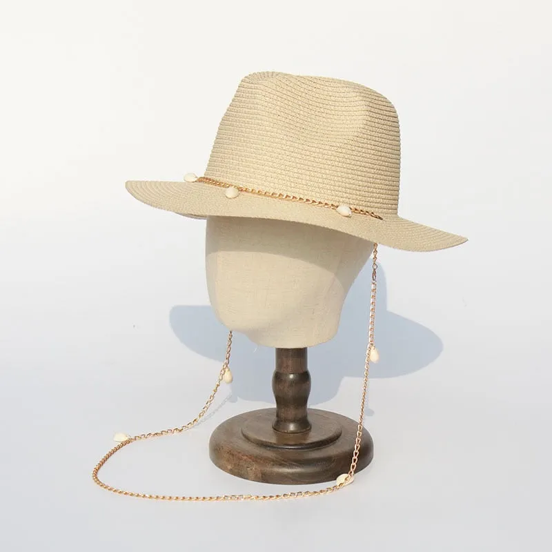 Panama Hats for Women - Fashion Shell Beach Hats - Boat Sun Hats - Ladies Summer Vacation with Chain