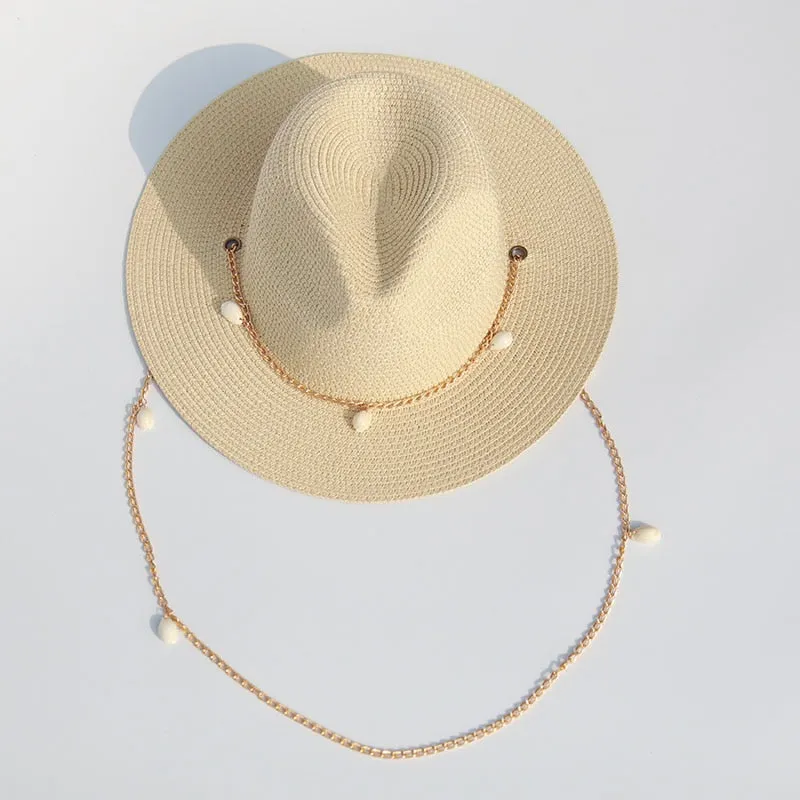 Panama Hats for Women - Fashion Shell Beach Hats - Boat Sun Hats - Ladies Summer Vacation with Chain