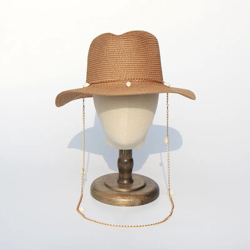 Panama Hats for Women - Fashion Shell Beach Hats - Boat Sun Hats - Ladies Summer Vacation with Chain