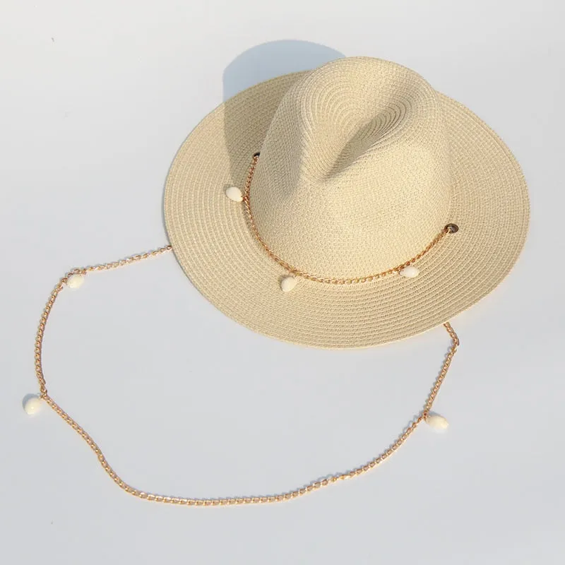 Panama Hats for Women - Fashion Shell Beach Hats - Boat Sun Hats - Ladies Summer Vacation with Chain