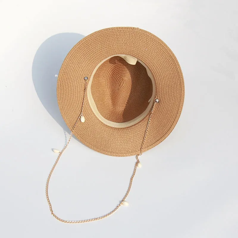 Panama Hats for Women - Fashion Shell Beach Hats - Boat Sun Hats - Ladies Summer Vacation with Chain