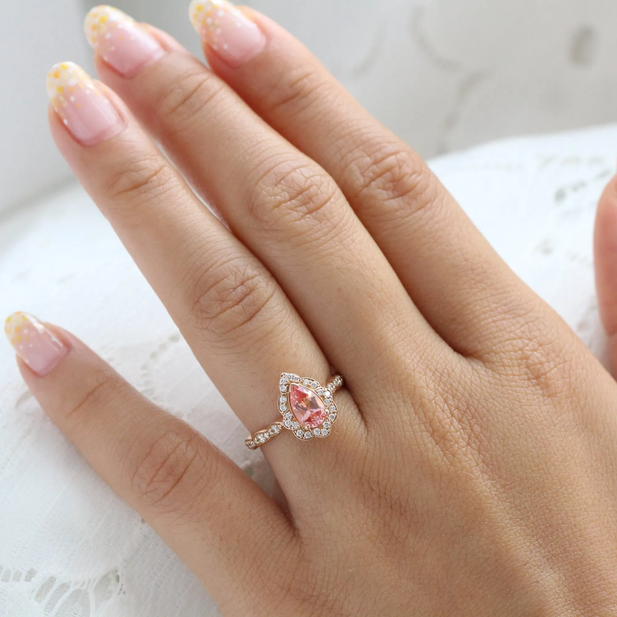 Pear Champagne Peach Sapphire Ring in Vintage Floral Diamond Band