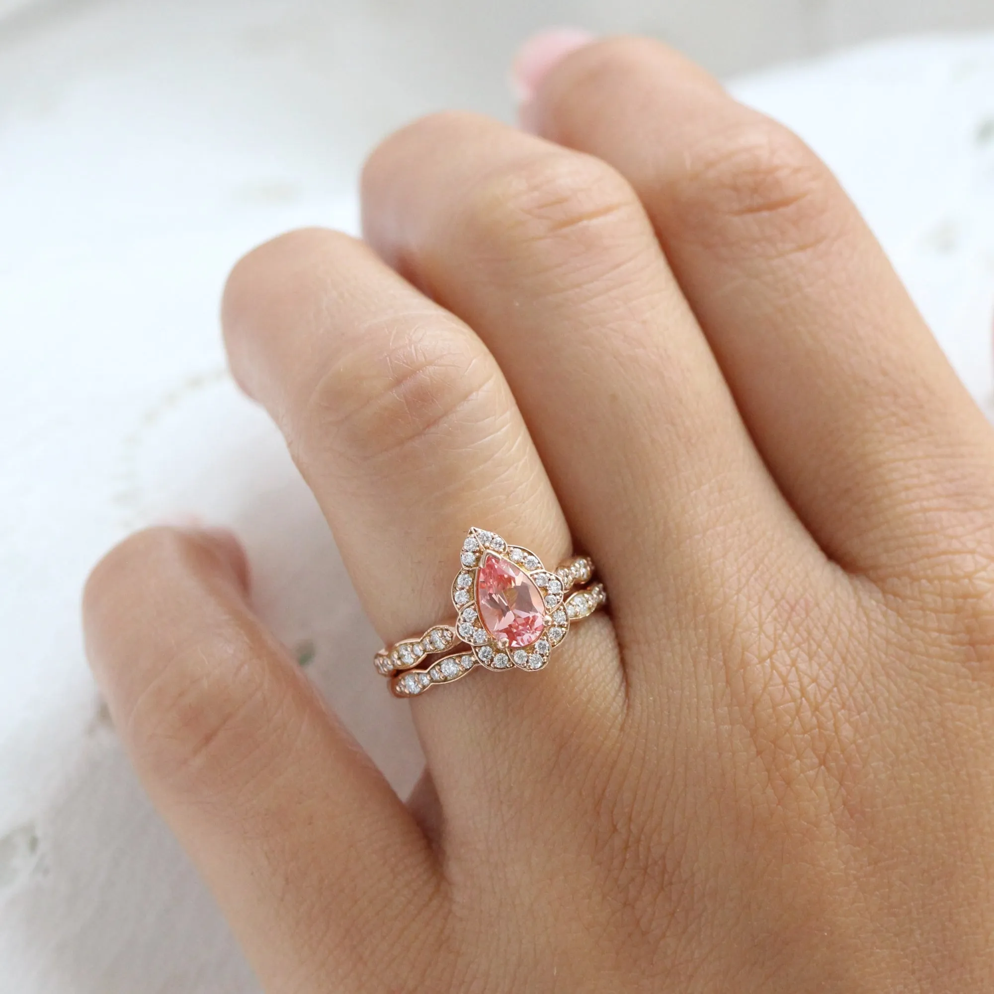 Pear Champagne Peach Sapphire Ring in Vintage Floral Diamond Band