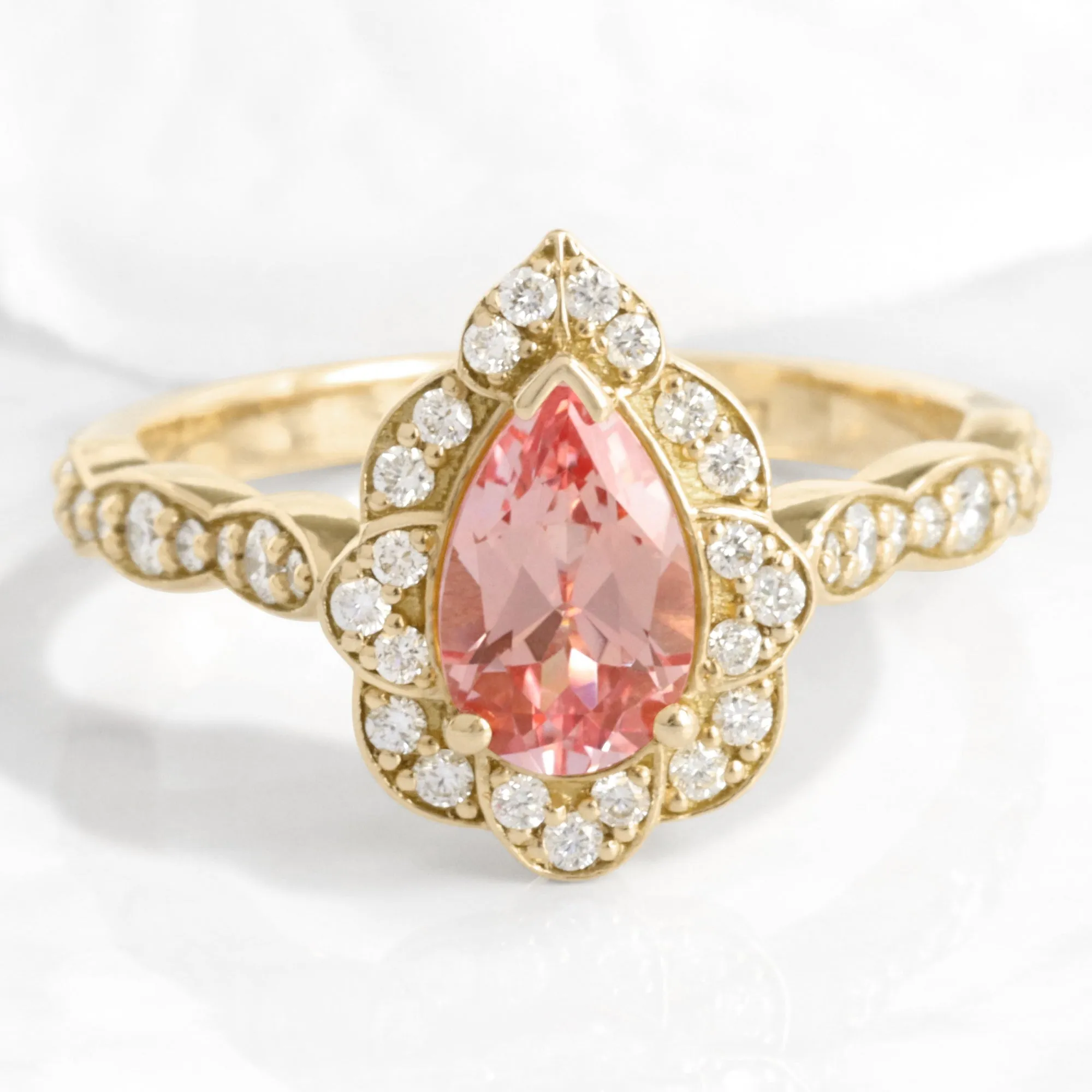 Pear Champagne Peach Sapphire Ring in Vintage Floral Diamond Band