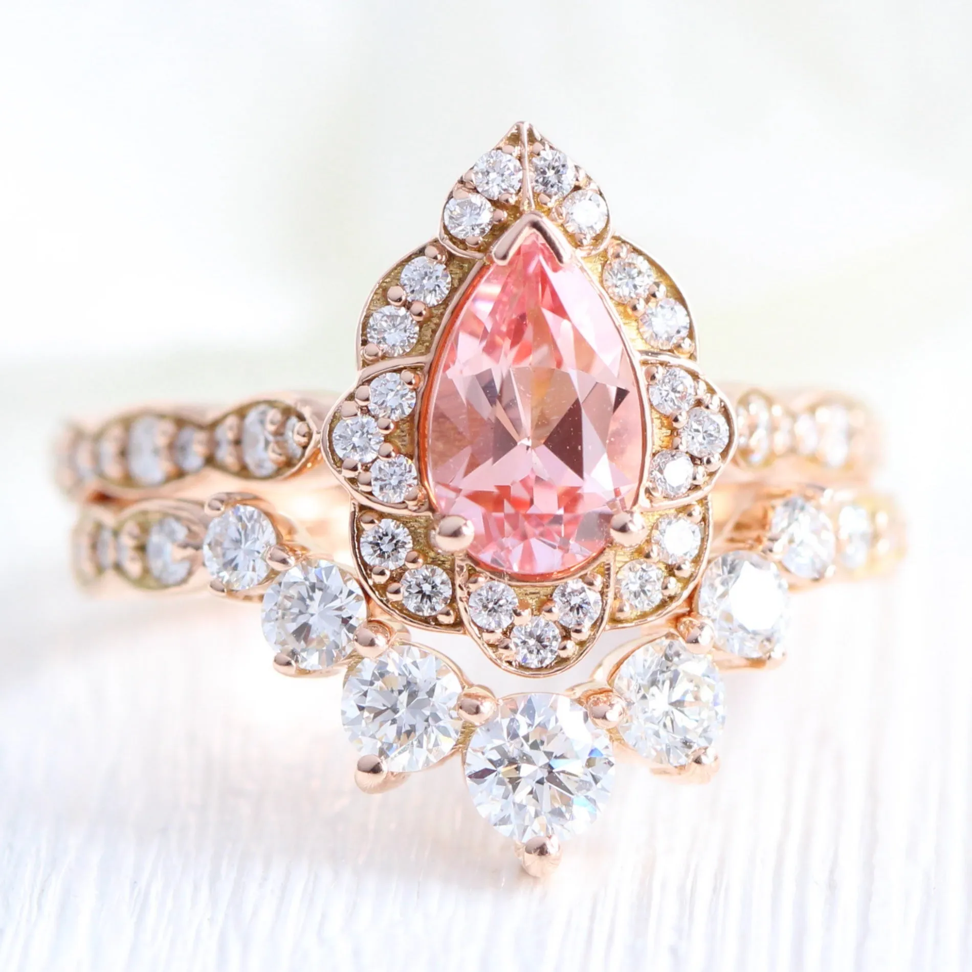 Pear Champagne Peach Sapphire Ring in Vintage Floral Diamond Band