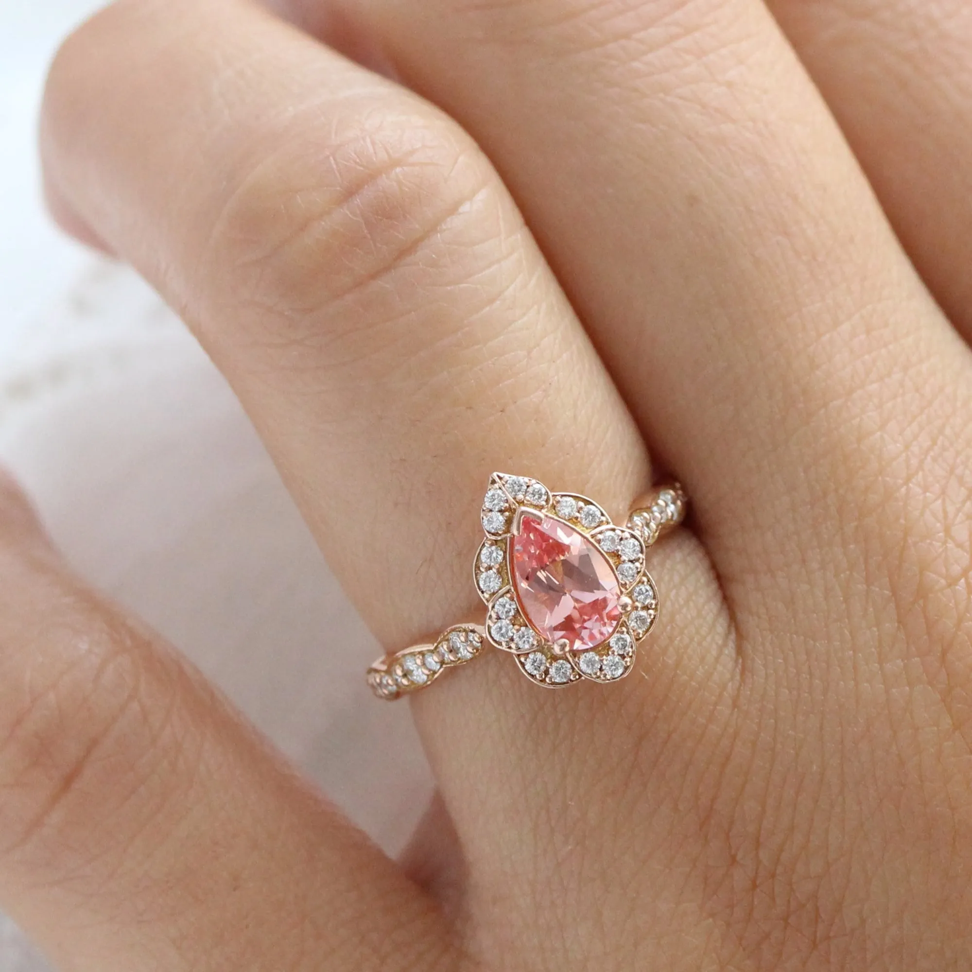 Pear Champagne Peach Sapphire Ring in Vintage Floral Diamond Band