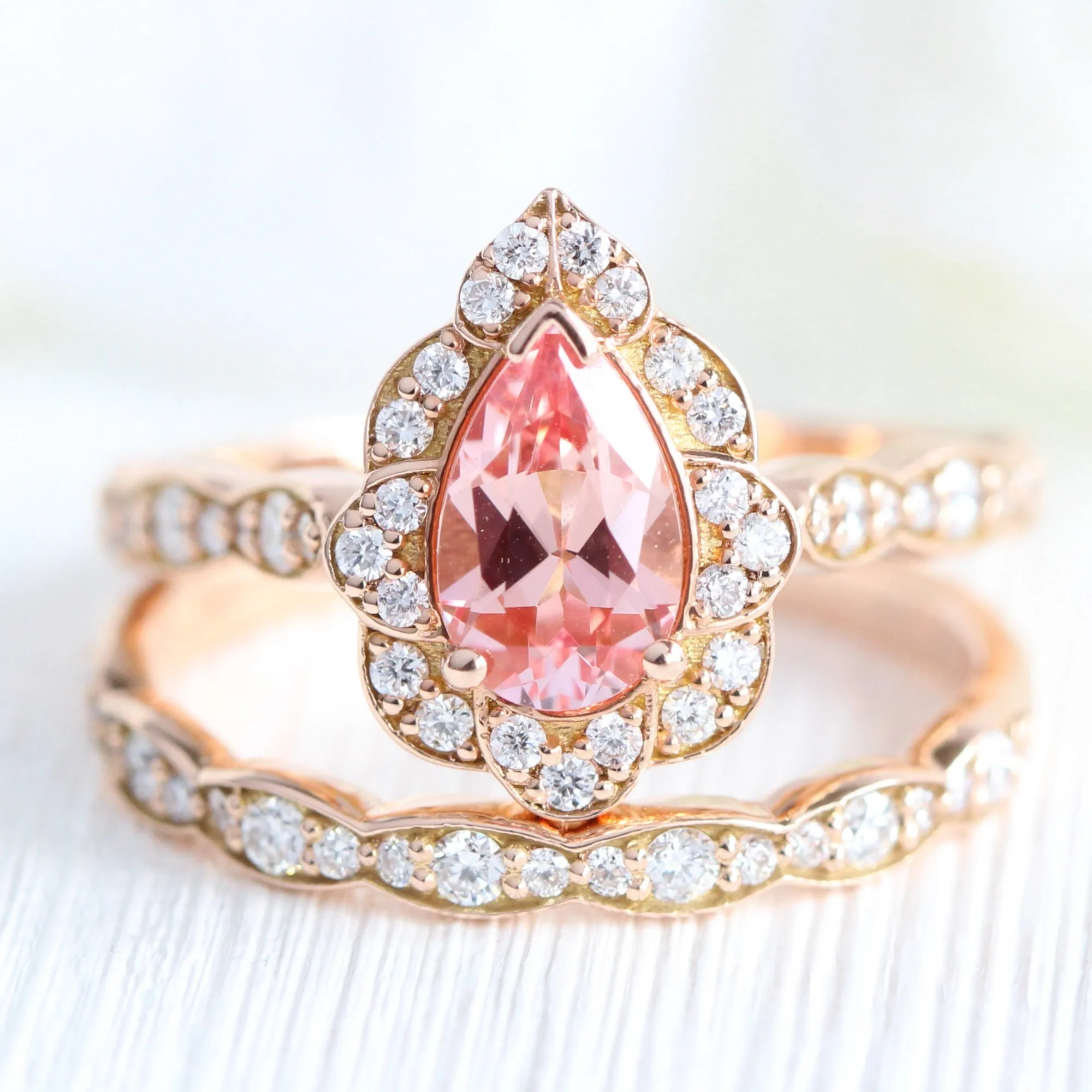 Pear Champagne Peach Sapphire Ring in Vintage Floral Diamond Band