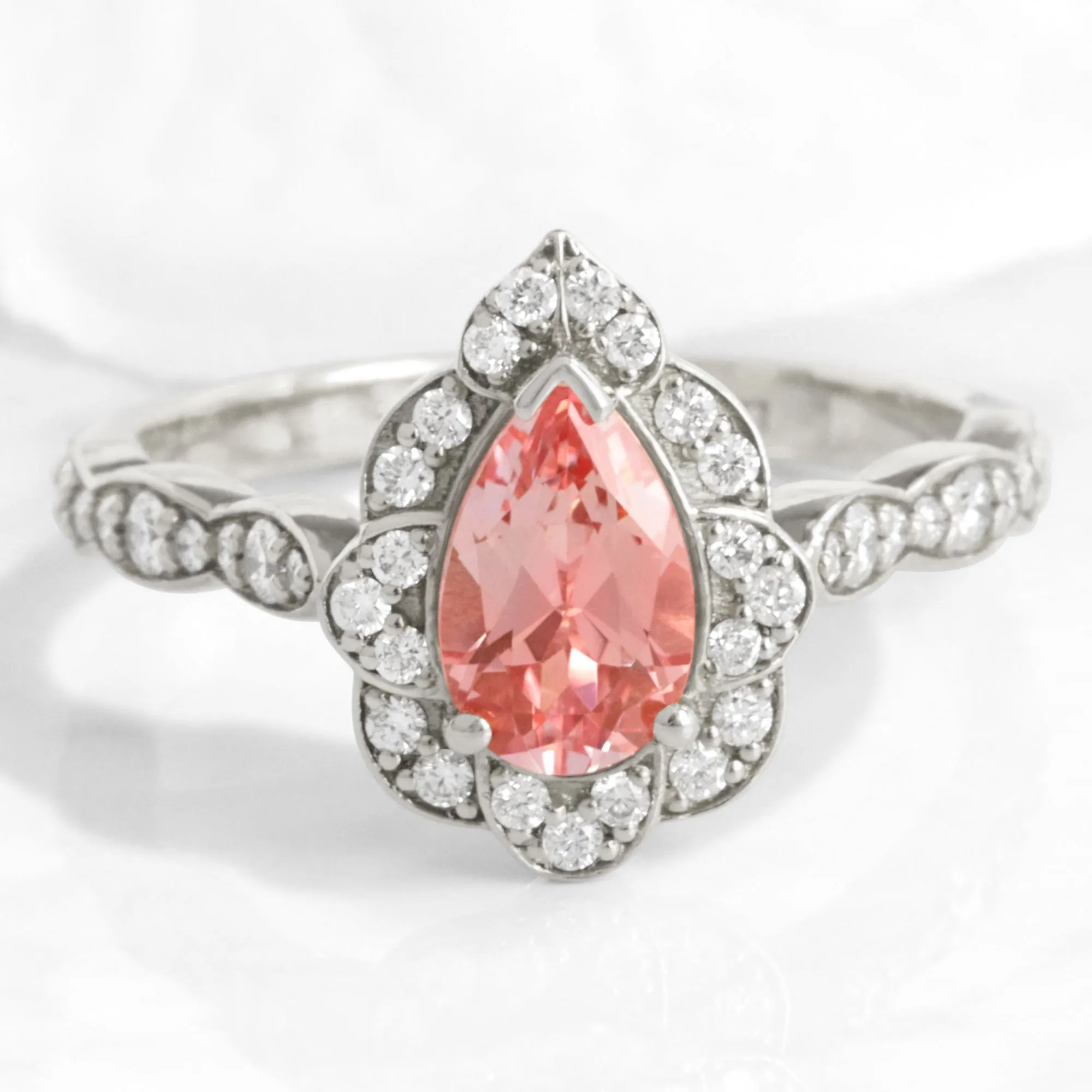 Pear Champagne Peach Sapphire Ring in Vintage Floral Diamond Band