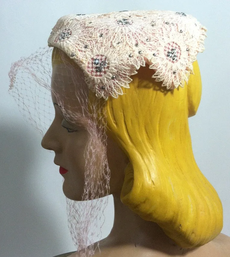 Pink Lace Rhinestone Trimmed Hat w/ Veil circa 1950s