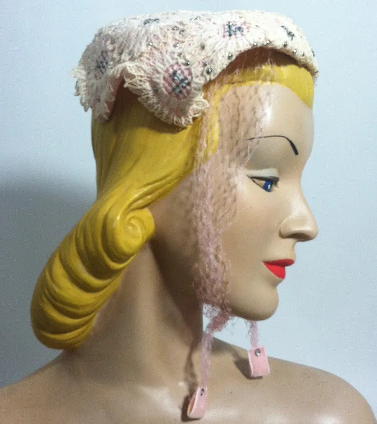 Pink Lace Rhinestone Trimmed Hat w/ Veil circa 1950s