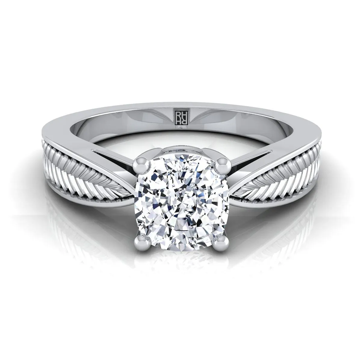 Platinum Cushion Vintage Inspired Leaf Pattern Pinched Solitaire Engagement Ring