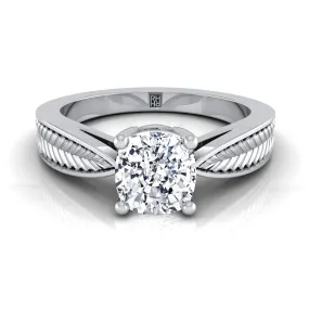 Platinum Cushion Vintage Inspired Leaf Pattern Pinched Solitaire Engagement Ring